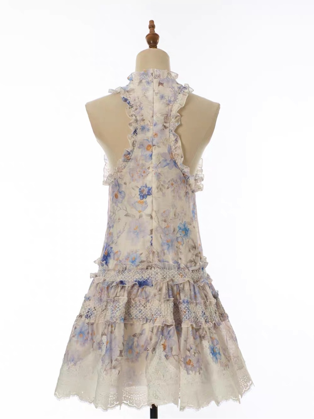 Designer-style Sleeveless Floral Ruffle Mini Dress in Ivory and Light Blue - Picture 3 of 12